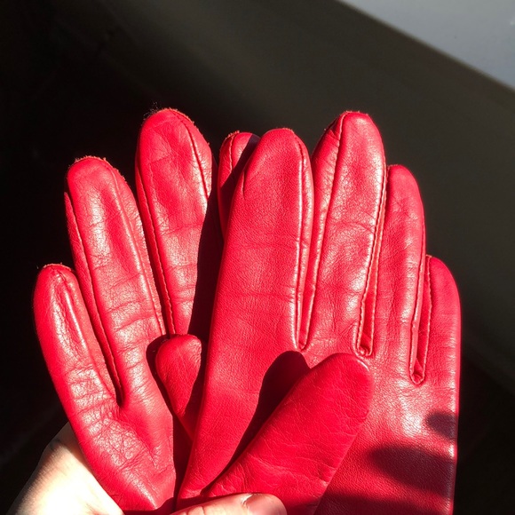 Vintage genuine leather red winter gloves - Picture 4 of 7